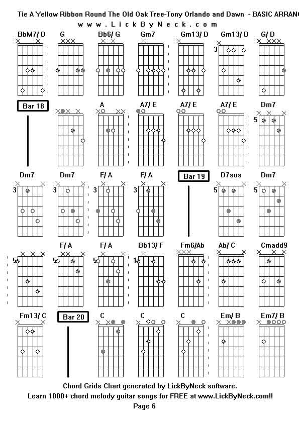 Chord Grids Chart of chord melody fingerstyle guitar song-Tie A Yellow Ribbon Round The Old Oak Tree-Tony Orlando and Dawn  - BASIC ARRANGEMENT,generated by LickByNeck software.